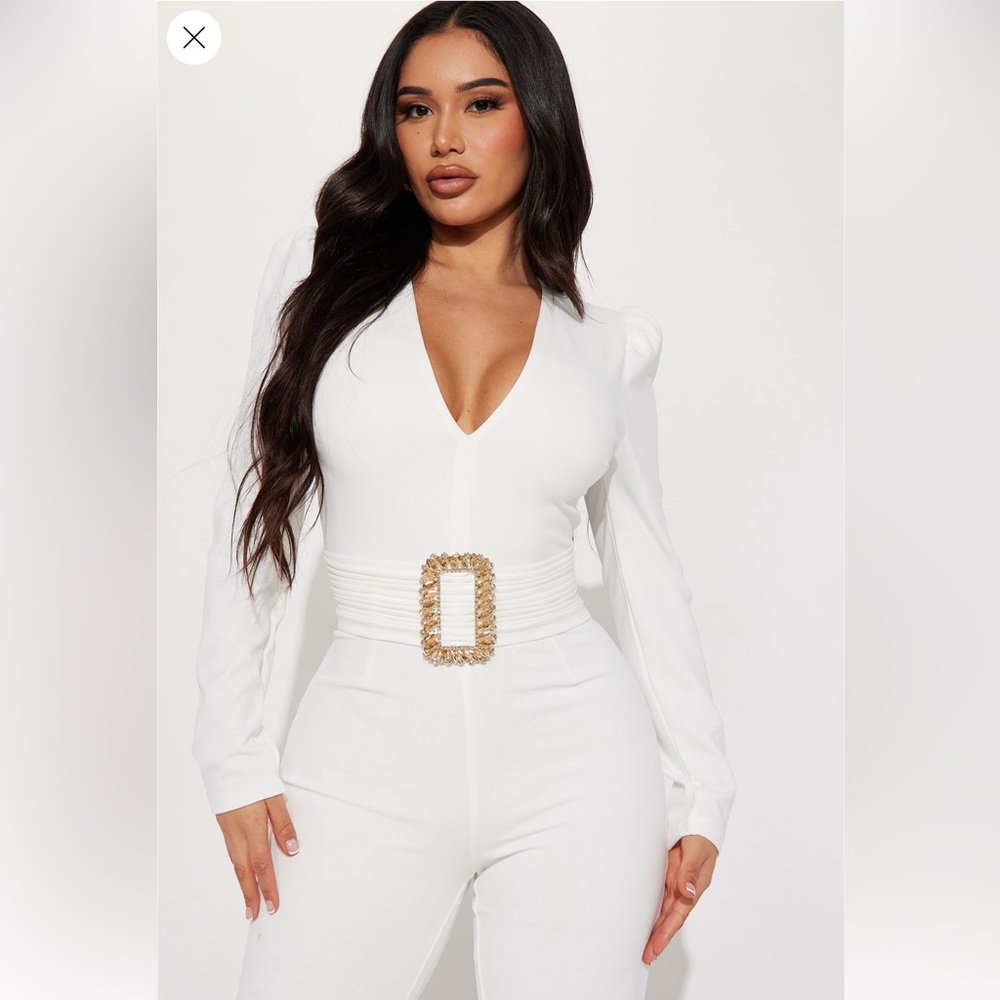 Fashion Nova White Jumpsuit with Gold Buckle